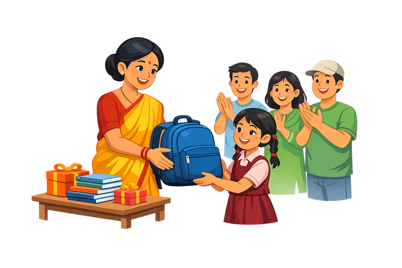 Children receiving school bags during a distribution drive
