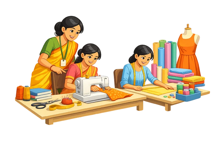 Women learning tailoring in a skill-development workshop